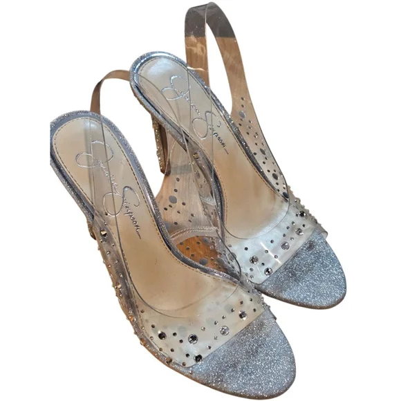 Jessica Simpson Silver Clear Glitter Slingback Heels Size 7 - Picture 7 of 14